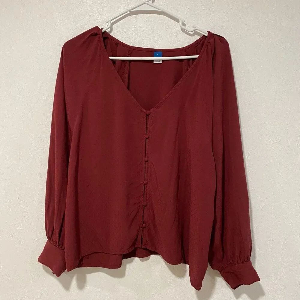 Old Navy Womenâs Large Burgundy ButtonâFront Blouse Long Sleeve V-Neck